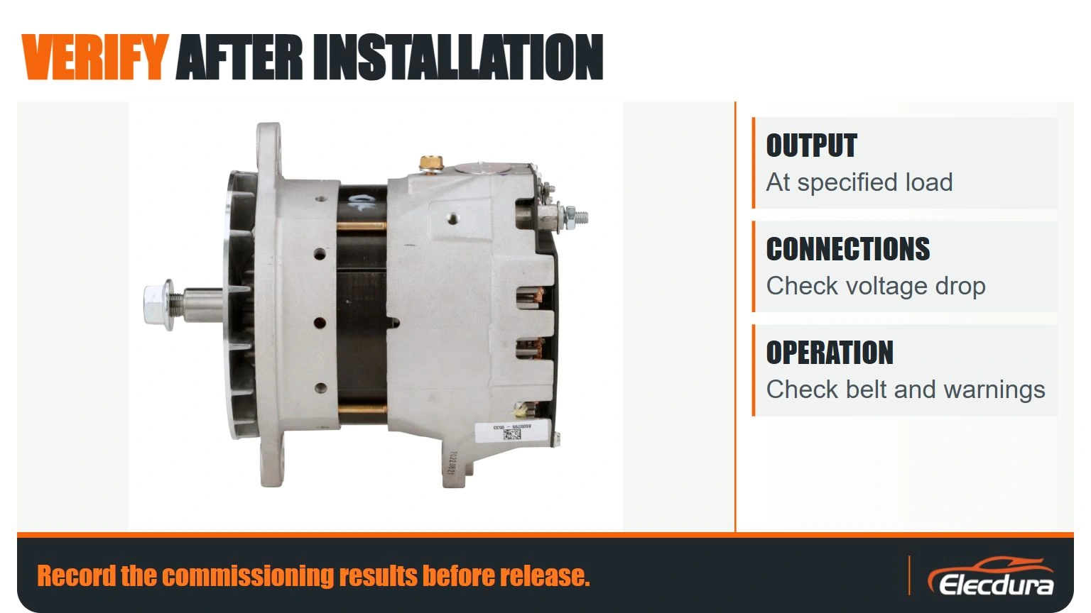 Alternator photograph with a commissioning sequence covering output, connections, belt operation and warning indicators.