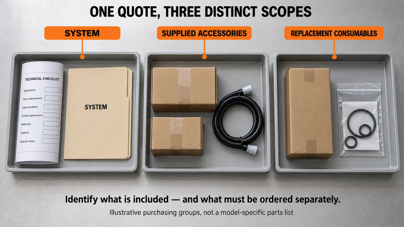 Separate procurement trays for system documents, generic supplied accessories and replacement consumables.