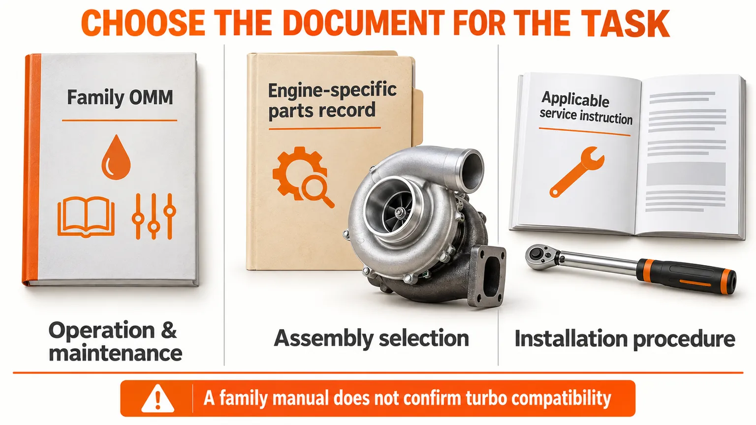 Family operation manual, engine-specific parts record and applicable service instruction shown with their distinct roles.
