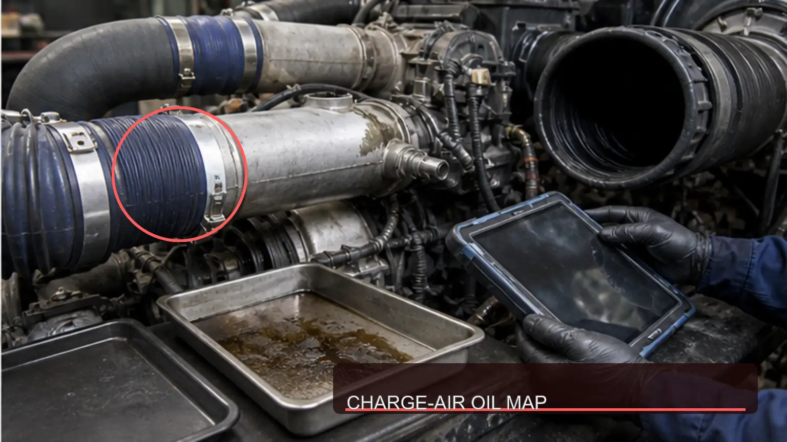 Charge-air piping and collected oil inspected to locate the source of oil consumption