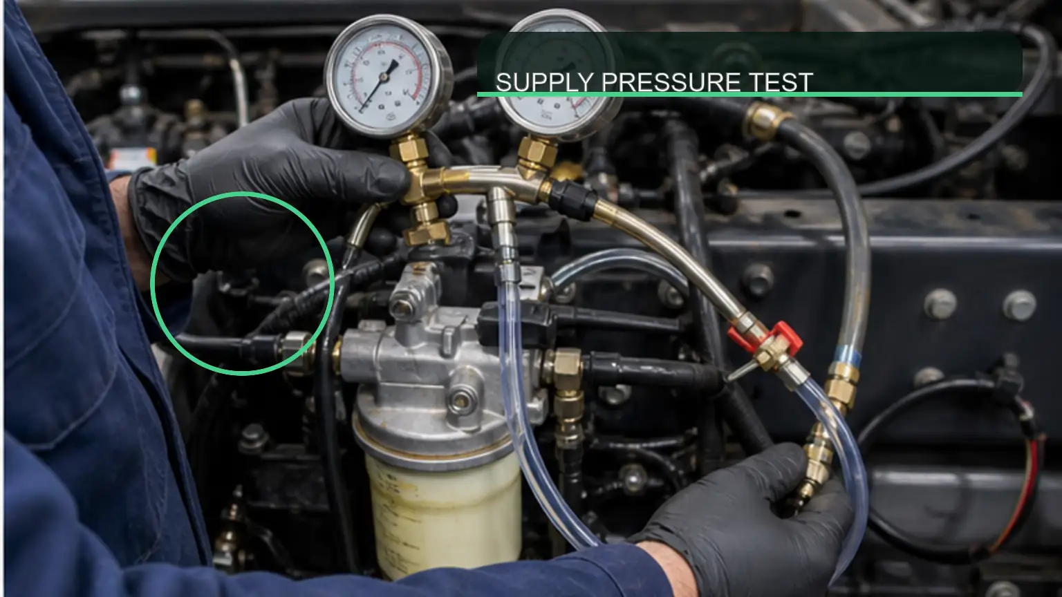 Technician measuring diesel lift-pump supply pressure and inlet restriction