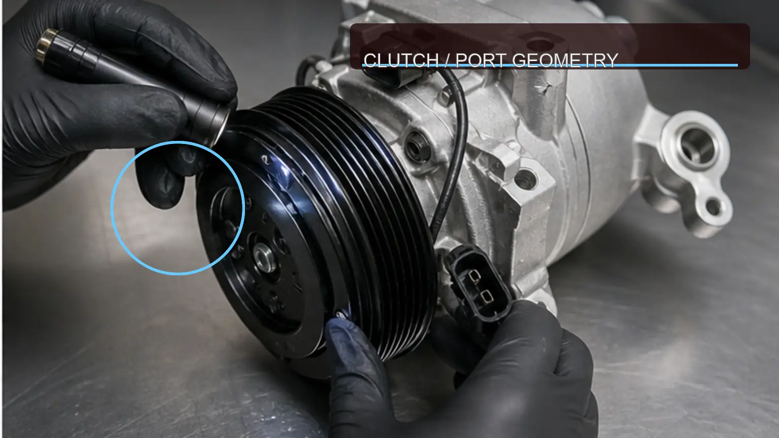 A/C compressor pulley, clutch, connector, ports, and mounting geometry inspected