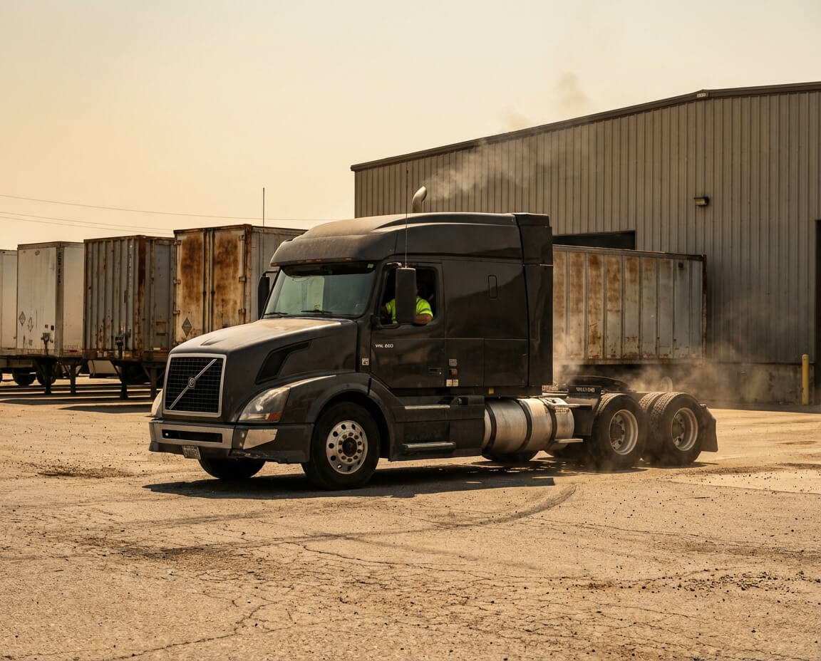 Semi truck parked in high-temperature loading area, realistic heavy-duty operating conditions for aftermarket service content