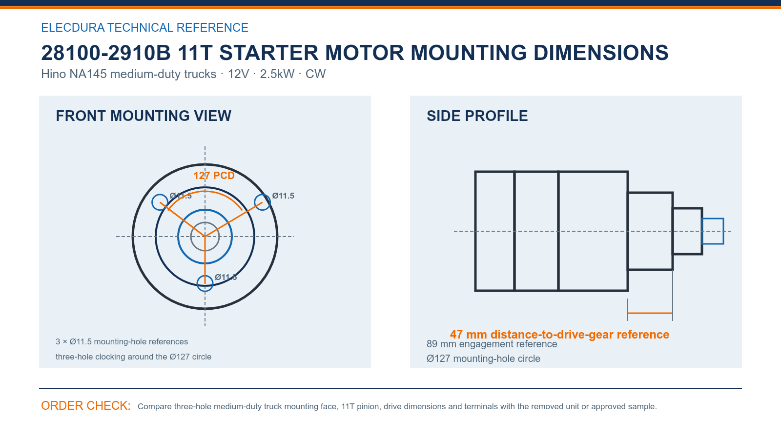 28100-2910B Hino NA145 11T starter mounting dimensions