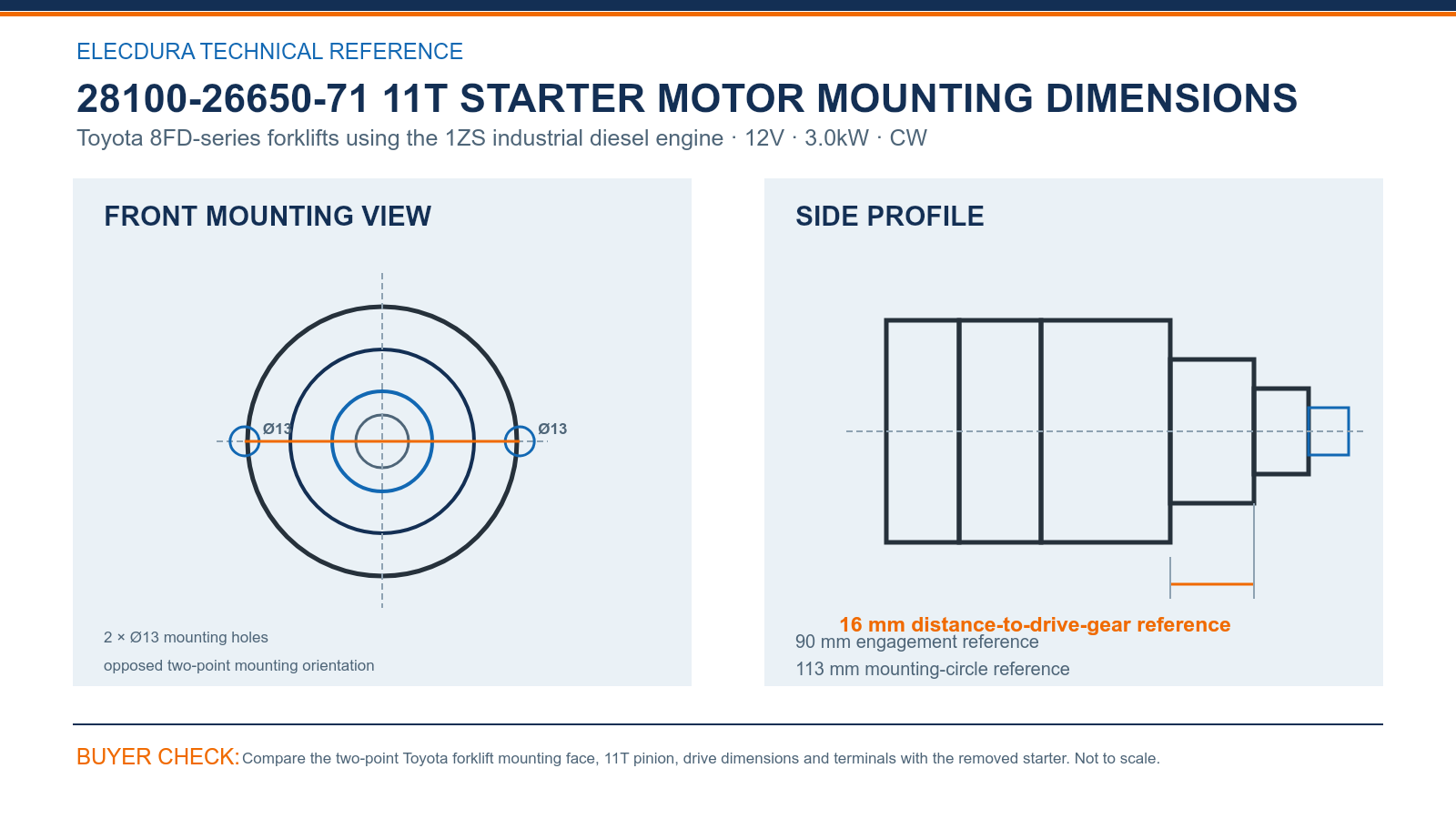 28100-26650-71 Toyota 12V 3.0kW 11T starter mounting dimensions