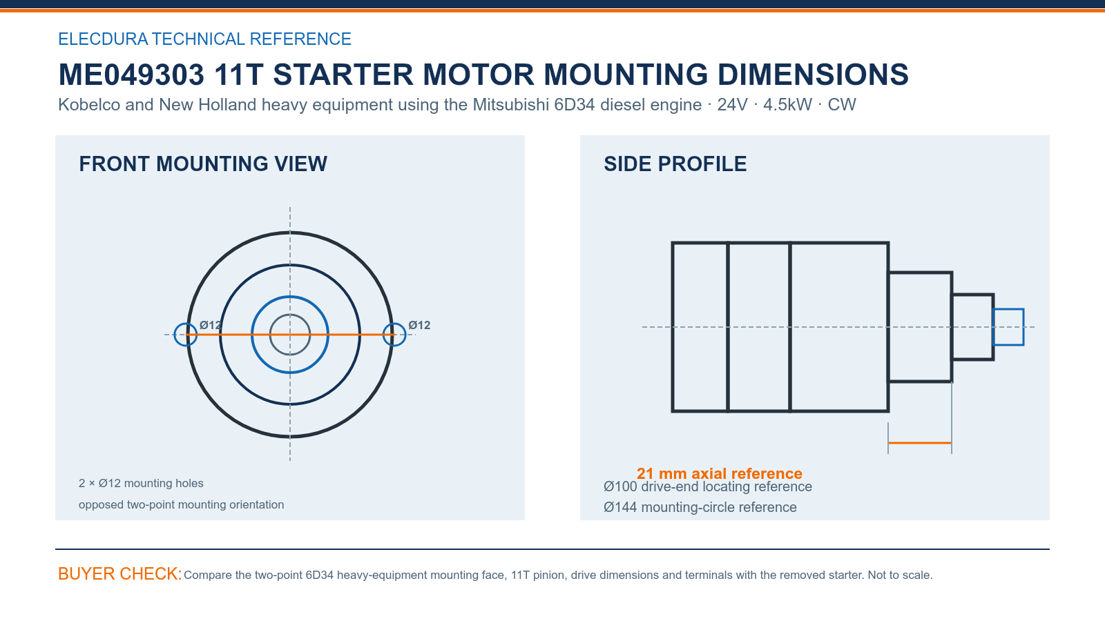 ME049303 Mitsubishi 24V 4.5kW 11T starter mounting dimensions