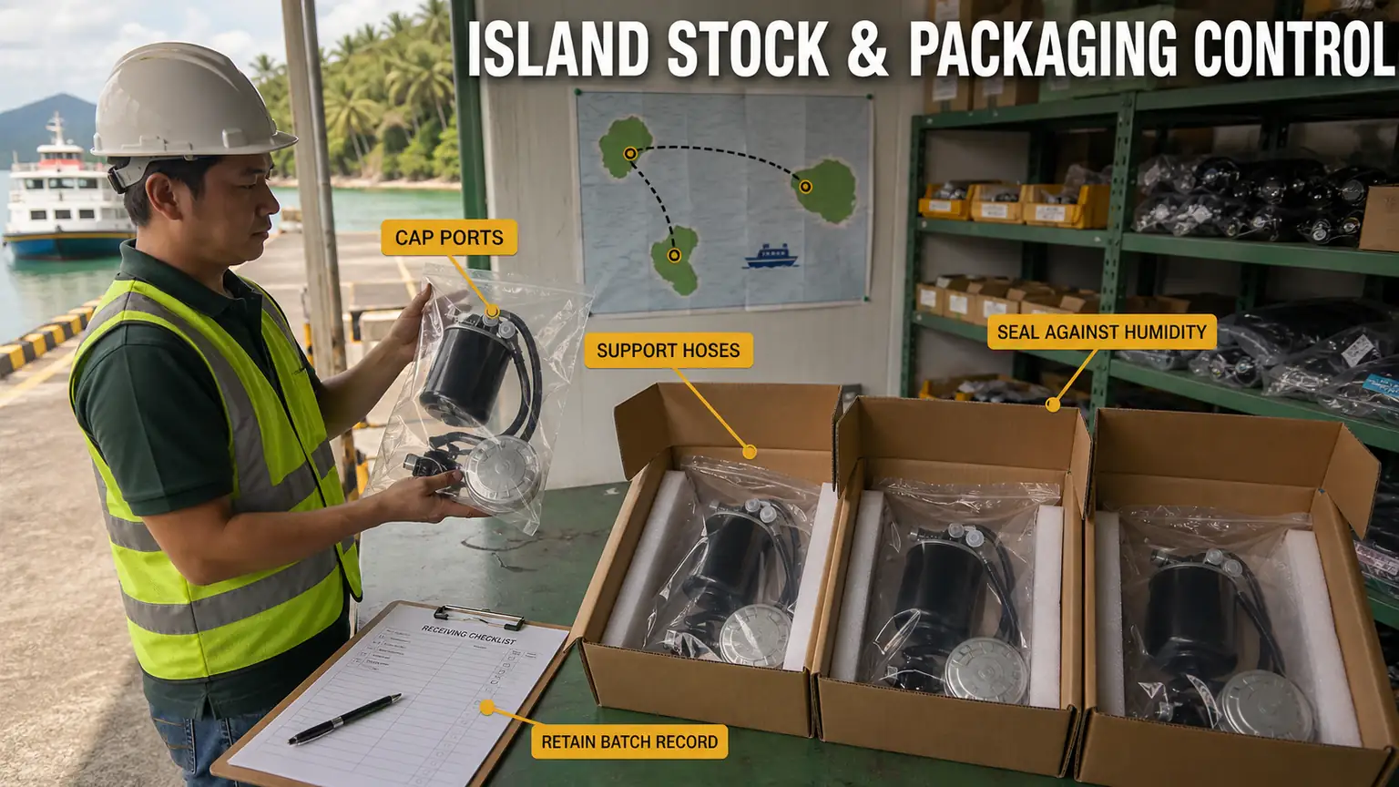 Embalaje de filtro de combustible procedente de islas filipinas con puertos tapados, mangueras soportadas, sellado de humedad y registros de lotes
