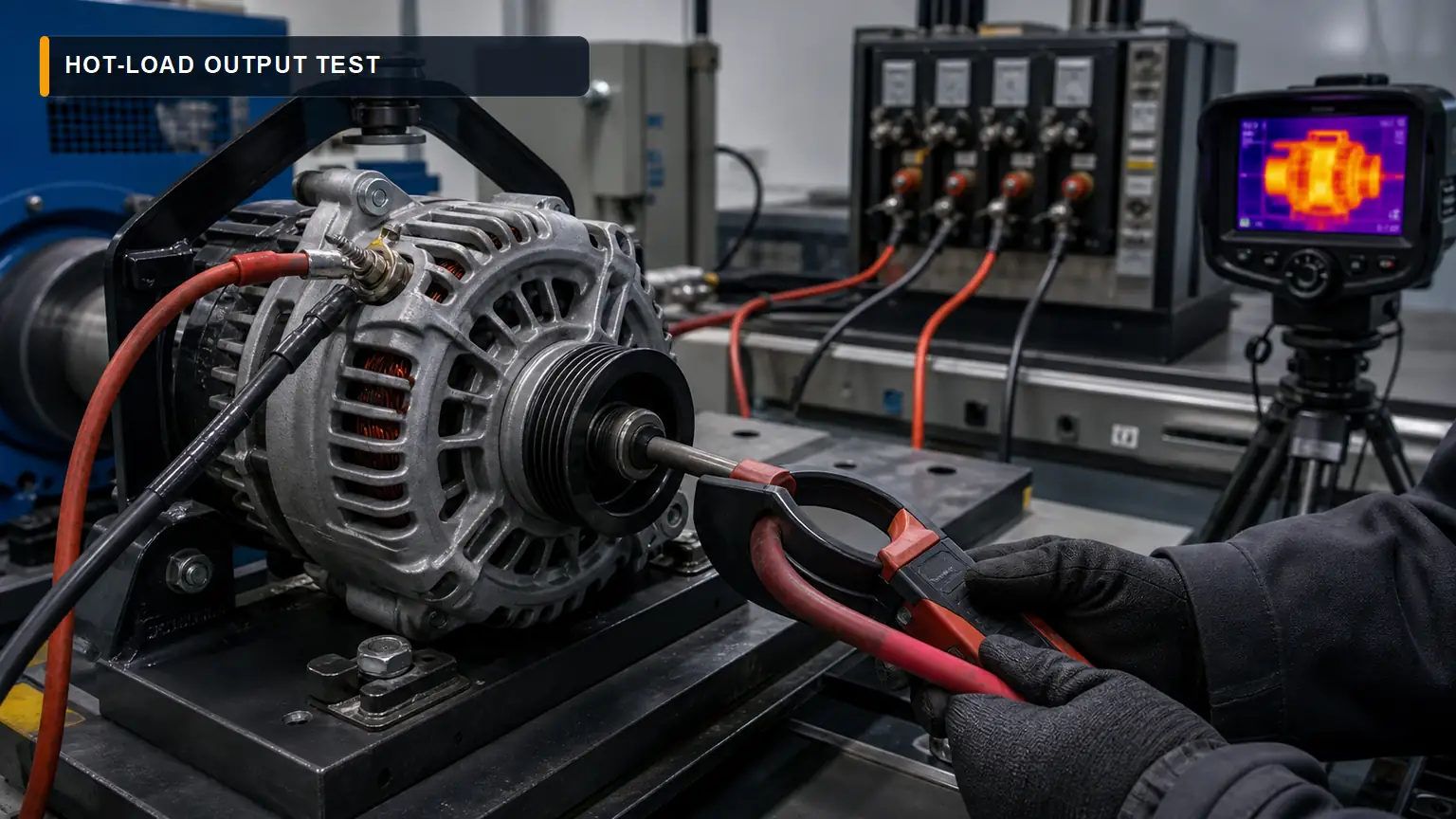 Heavy-duty truck alternator on a dynamometer with current clamp, load bank and thermal camera for hot-load output validation