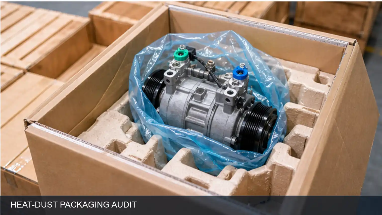 Heat, dust and export packaging audit for heavy-duty mobile A/C compressors