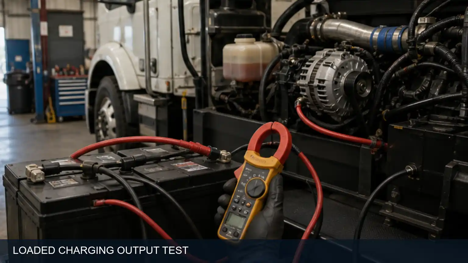 Loaded heavy-duty alternator output test with current clamp, voltage meter and controlled electrical demand