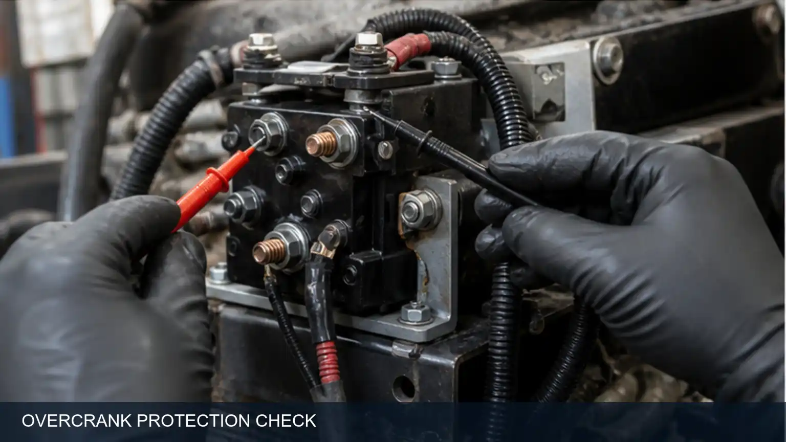 Heavy-duty starter overcrank protection check showing the thermal protection and control connections