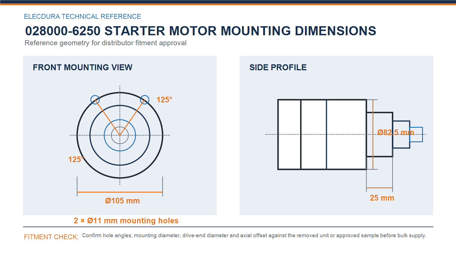 028000-6250 Kubota tractor starter motor mounting dimensions with 125 degree hole layout, 105 mm mounting diameter, 82.5 mm drive end and 25 mm offset