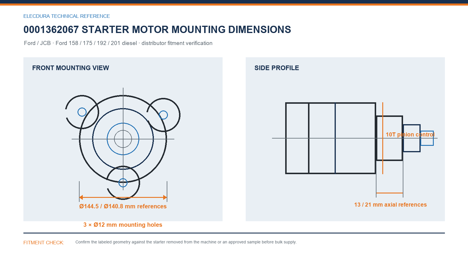 0001362067 Ford / JCB starter motor mounting dimensions for Ford 158 / 175 / 192 / 201 diesel wholesale fitment verification