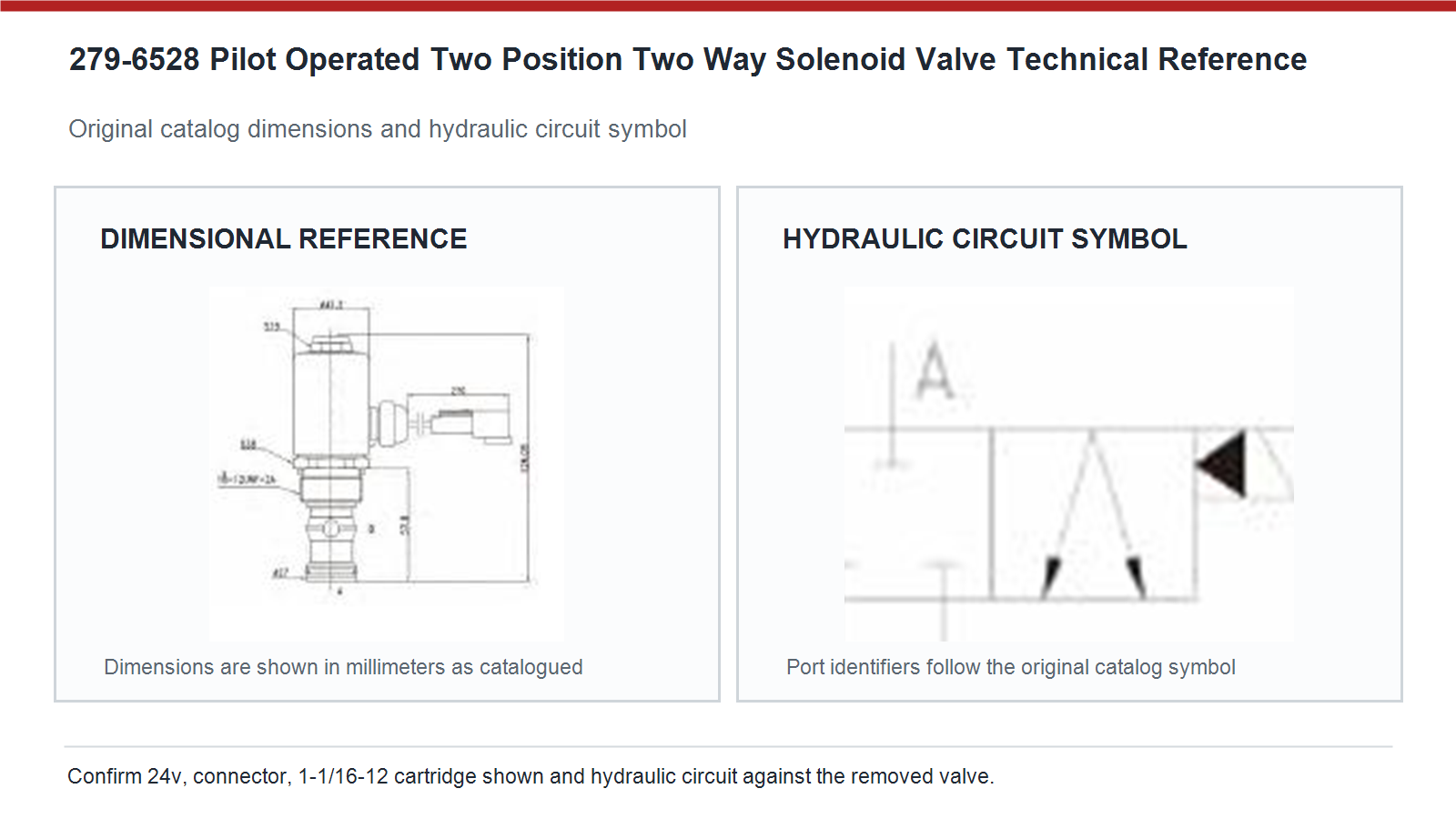 279-6528 Caterpillar pilot operated two position two way solenoid valve dimensions and hydraulic circuit diagram