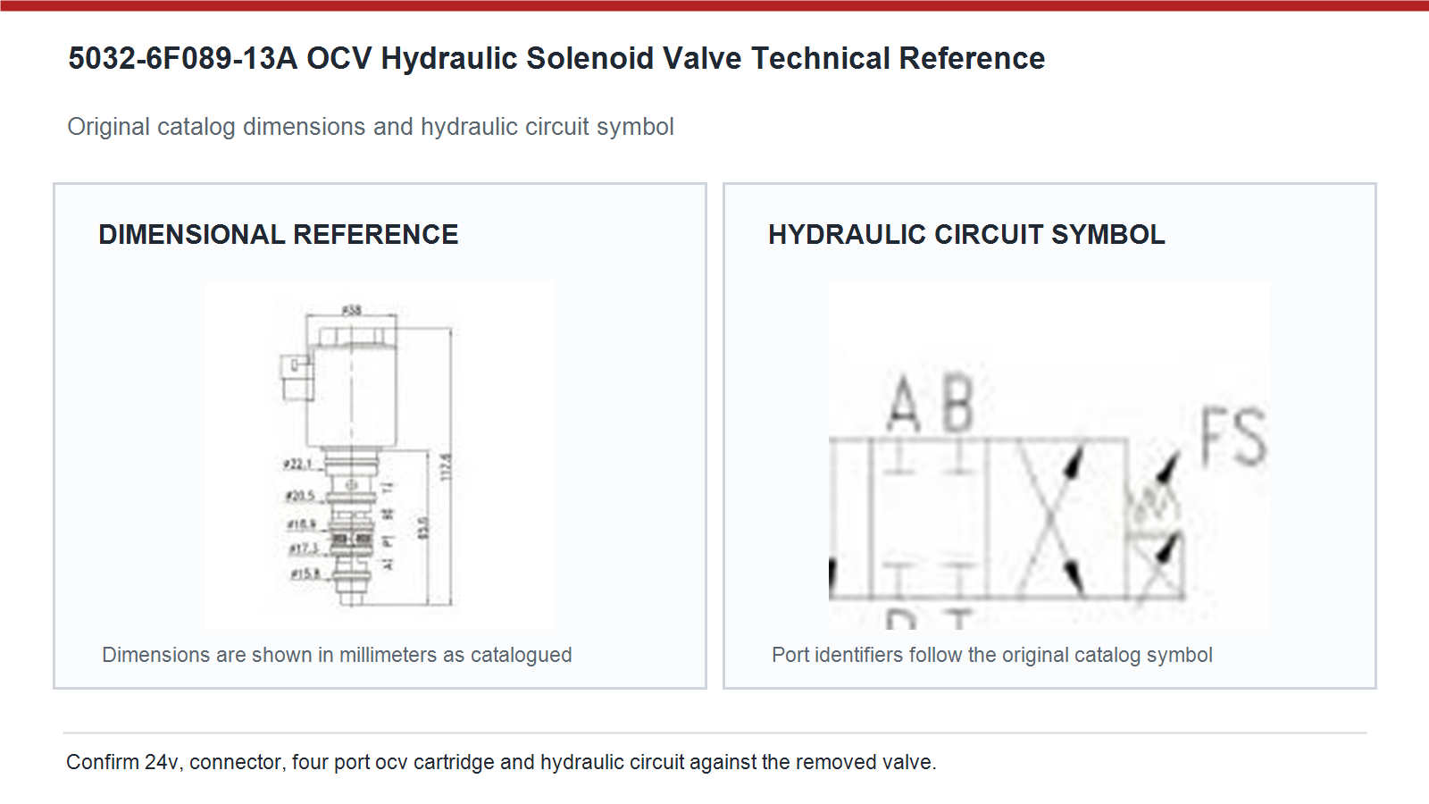 5032-6F089-13A Caterpillar ocv hydraulic solenoid valve dimensions and hydraulic circuit diagram