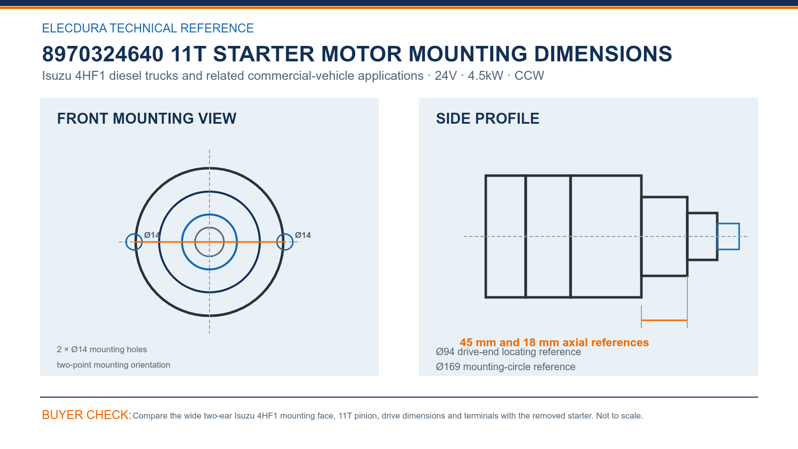 8970324640 Isuzu 4HF1 24V 4.5kW 11T CCW starter mounting dimensions