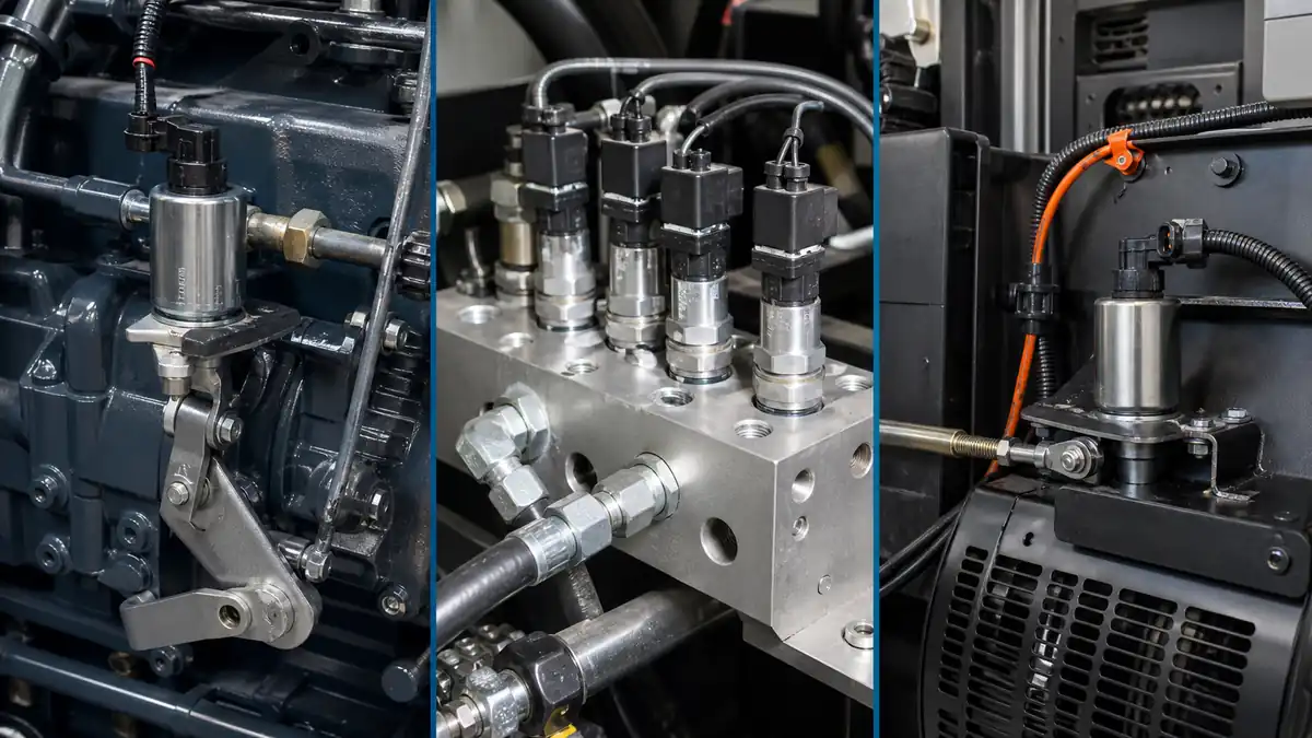 Solenoid control components shown in diesel engine, hydraulic manifold, and industrial equipment contexts