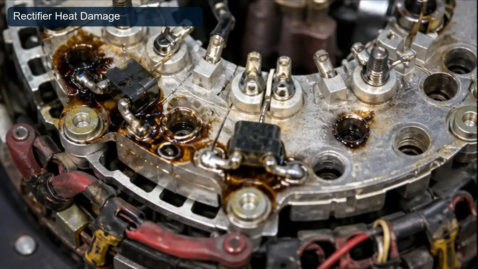 Rectifier Heat Damage for Heavy-Duty Alternator Diode Ripple: Waveform and Phase-Fault Diagnosis, shown as a photorealistic heavy-duty technical inspection view