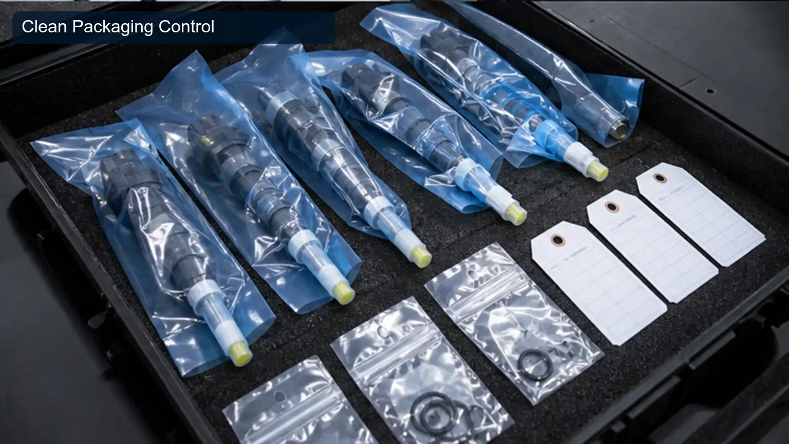 Clean Packaging Control for Top 20 Heavy-Duty Fuel Injector Manufacturers in Spain, shown as a photorealistic heavy-duty technical inspection view