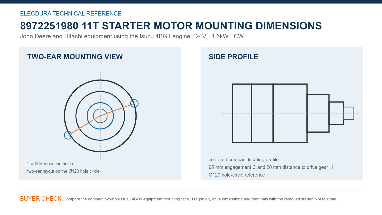 8972251980 Isuzu 4BG1 24V 4.5kW 11T starter mounting dimensions