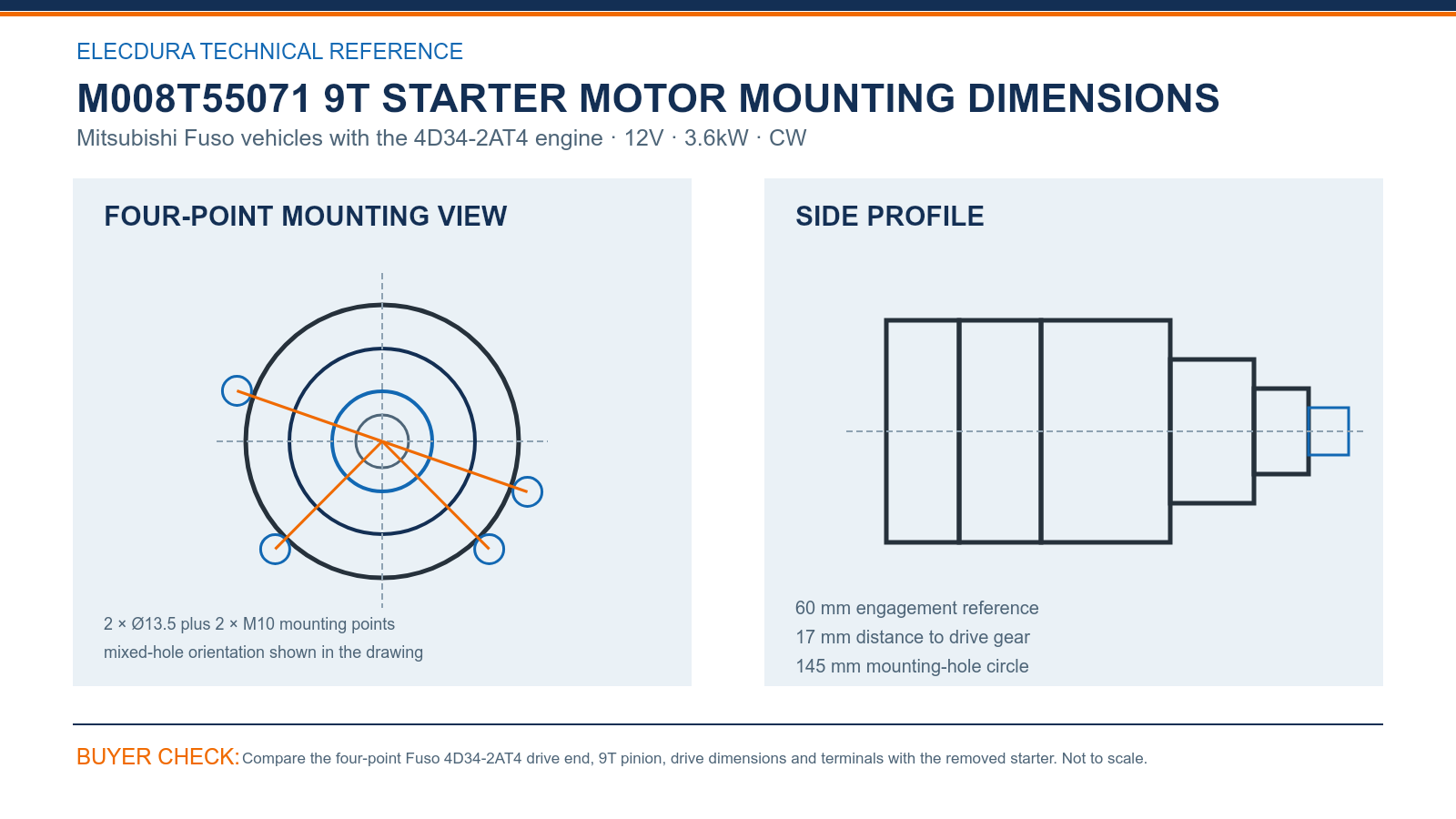 M008T55071 Fuso 4D34-2AT4 12V 3.6kW 9T starter dimensions