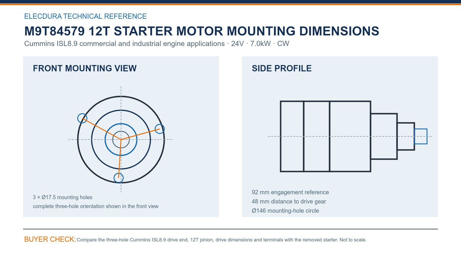 M9T84579 Cummins ISL8.9 24V 7.0kW 12T starter mounting dimensions