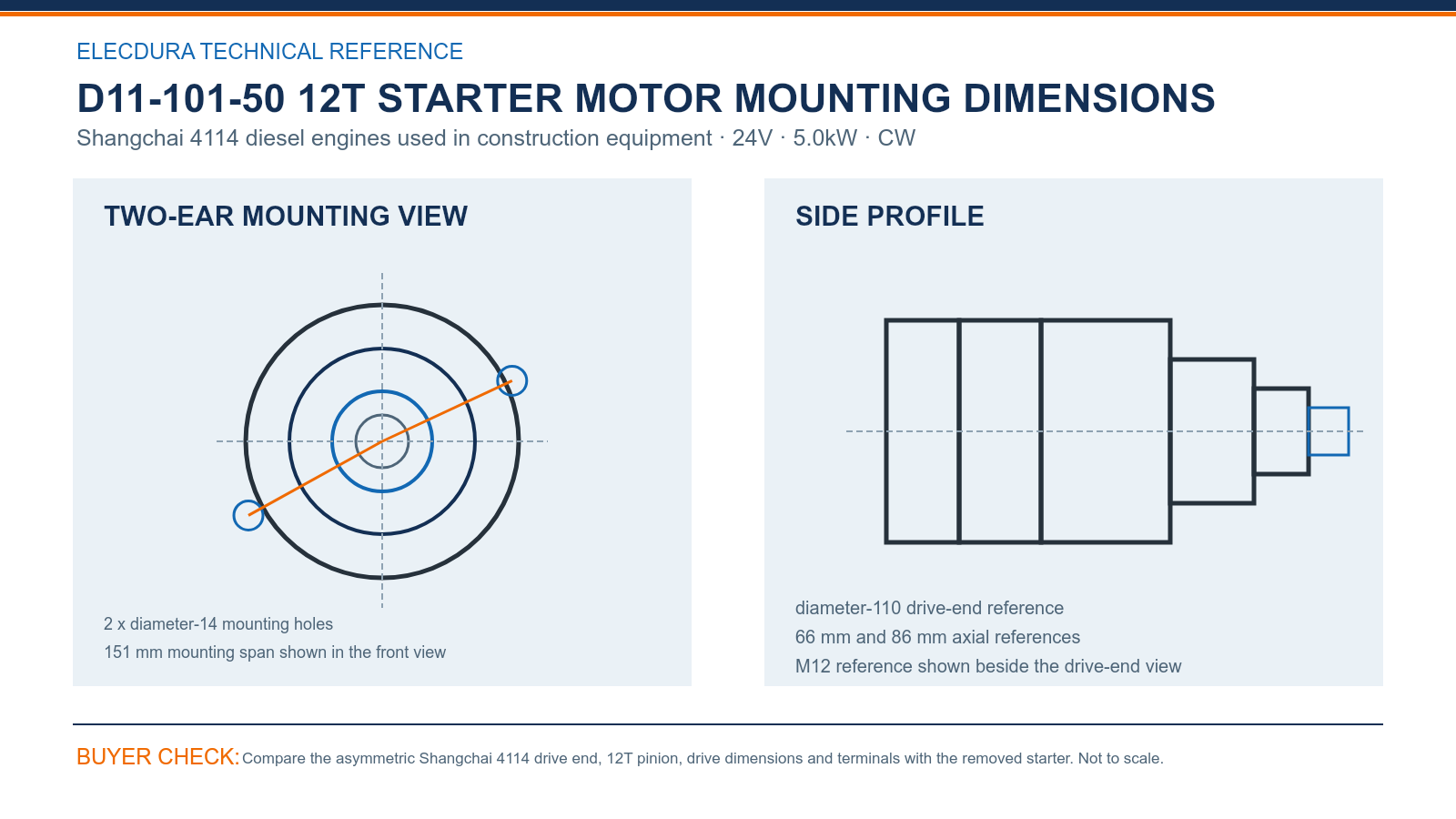 D11-101-50 Shangchai 4114 24V 5.0kW 12T starter mounting dimensions