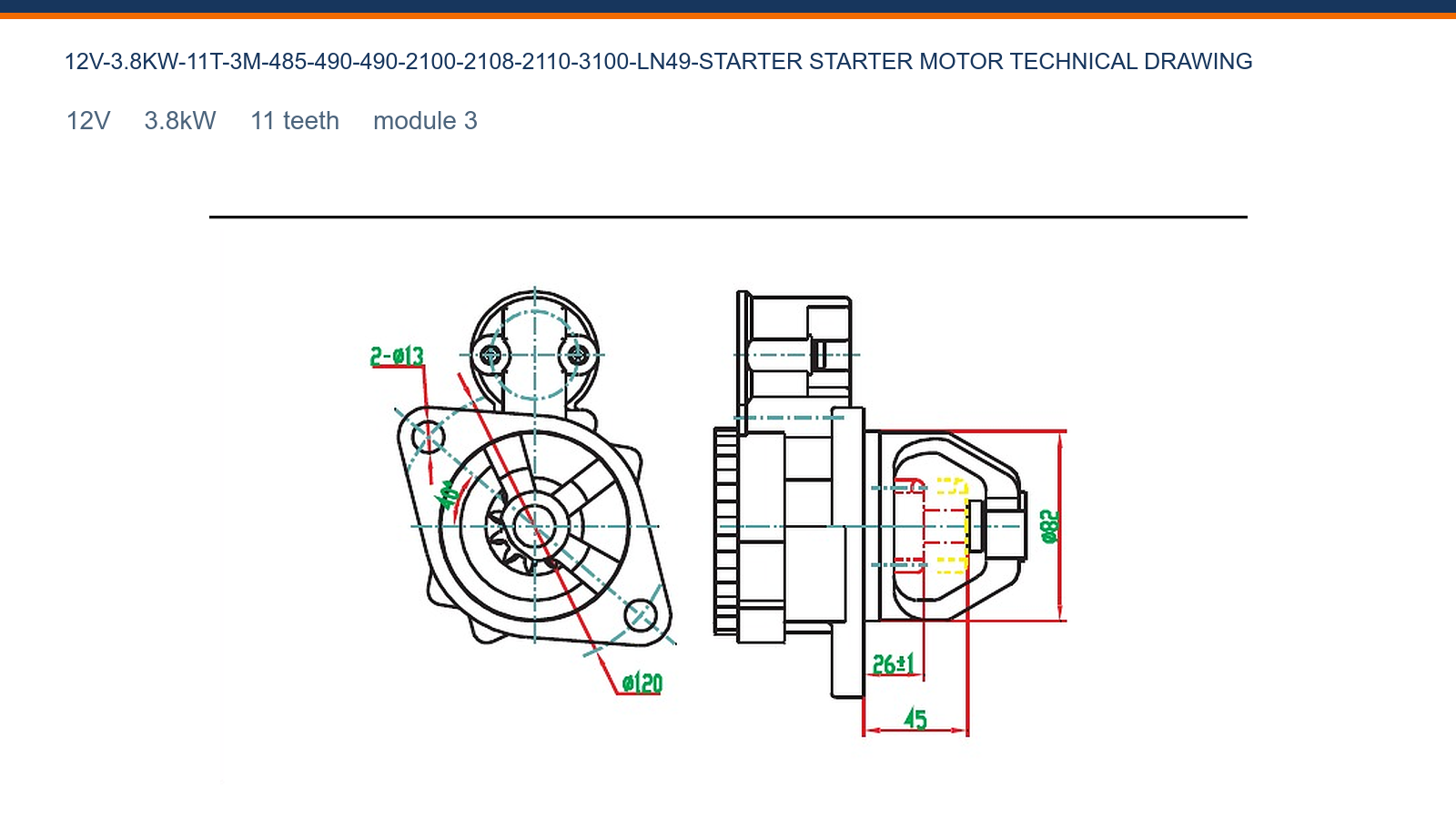 Xinchai 485/490 12V 3.8kW 11T Gambar teknis motor starter Xinchai 12V 3.8kW 11T