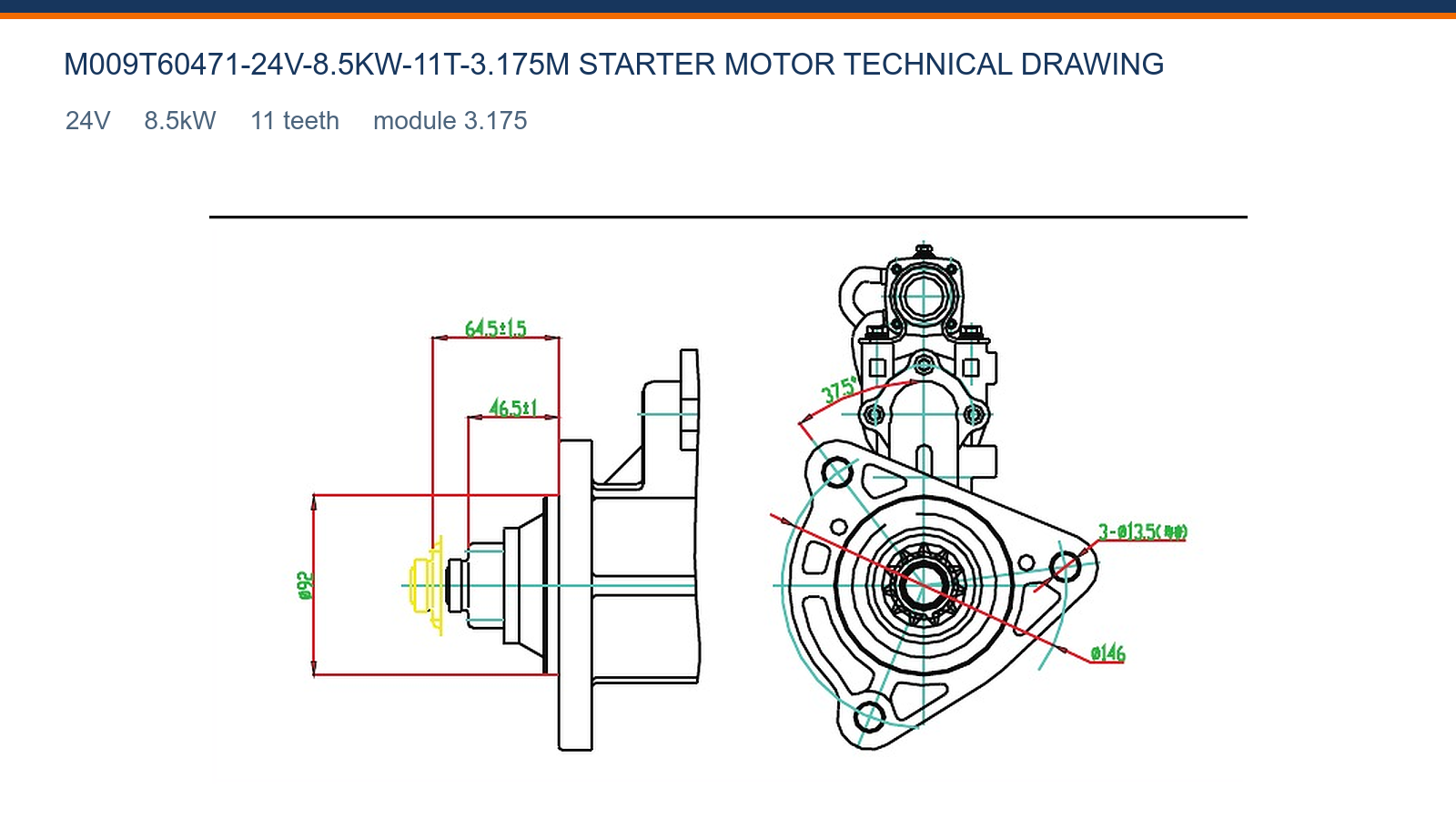 M009T60471-24V-8.5KW-11T-3.175M Renault startmotor teknisk ritning 24V 8.5kW 11T