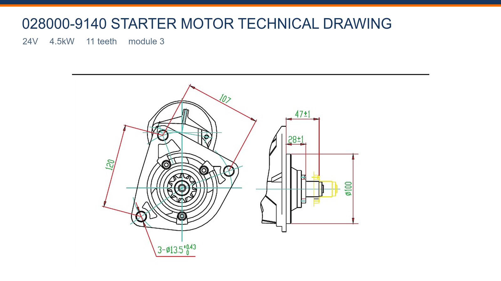 028000-9140 Hino starter motor technical drawing 24V 4.5kW 11T