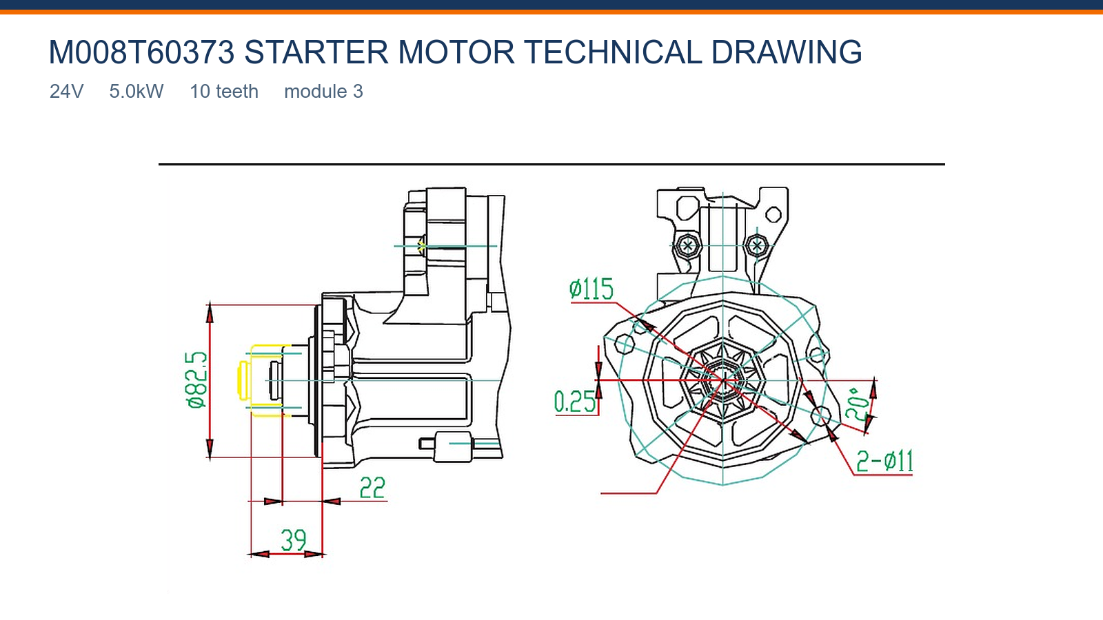 M008T60373 Mitsubishi startmotor teknisk tegning 24V 5,0kW 10T
