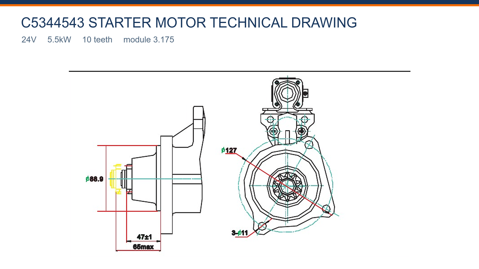 C5344543 Cummins starter motor technical drawing 24V 5.5kW 10T