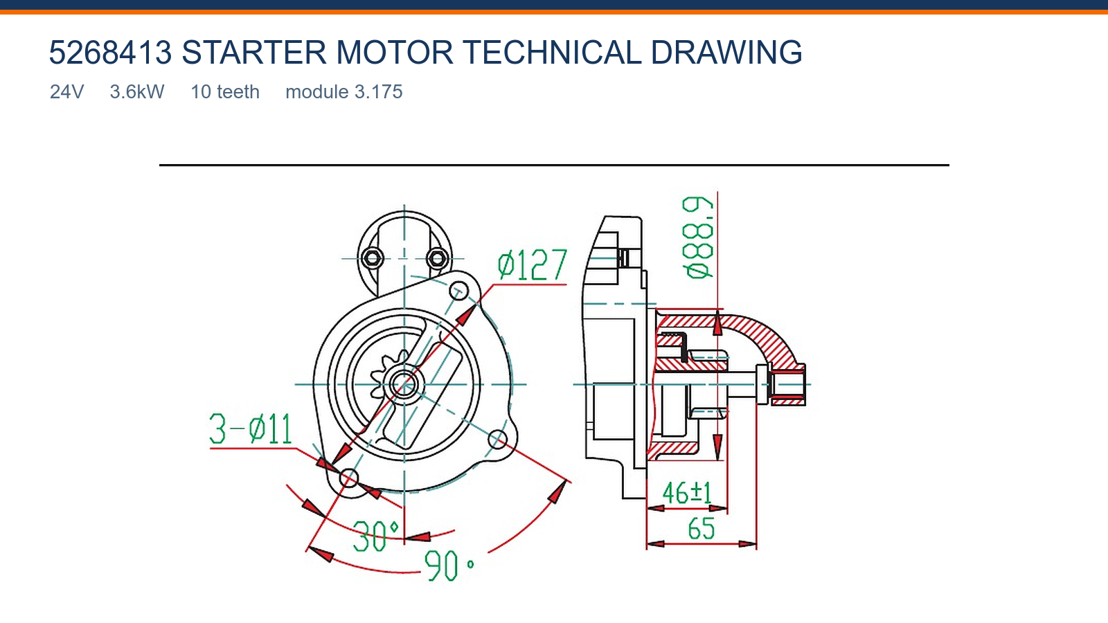 5268413 Cummins starter motor technical drawing 24V 3.6kW 10T