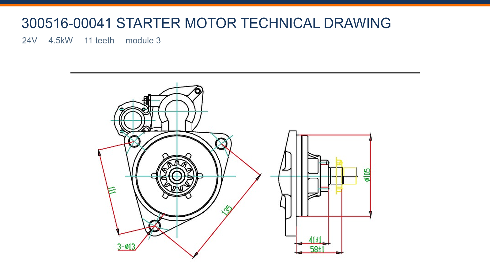 300516-00041 Heavy-Duty starter motor technical drawing 24V 4.5kW 11T