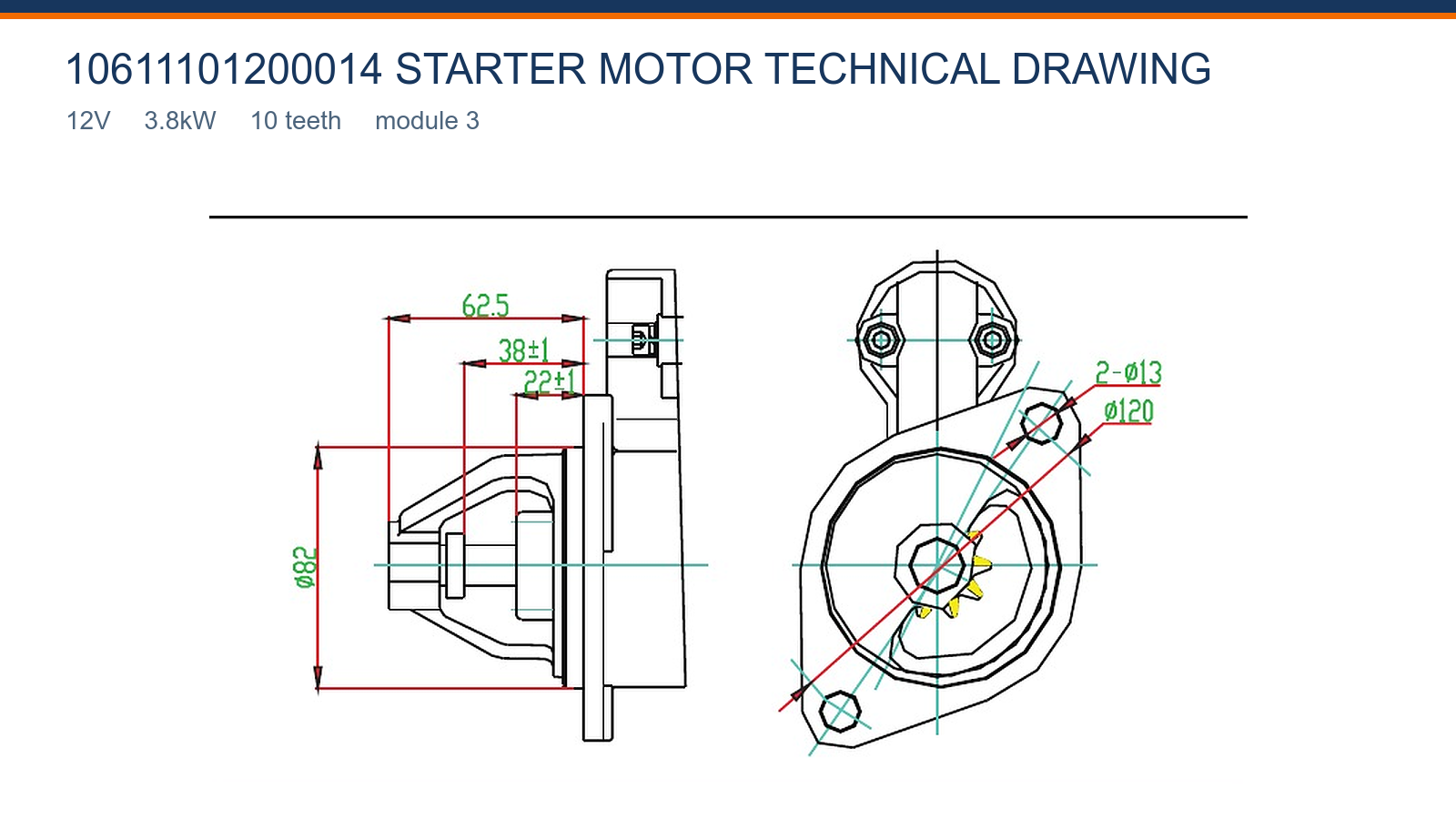 10611101200014 Changfa starter motor technical drawing 12V 3.8kW 10T