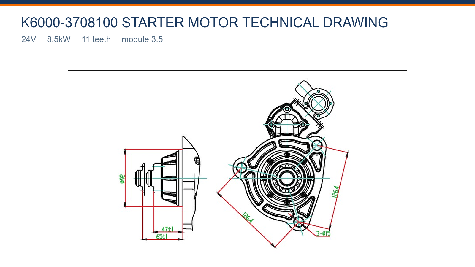 K6000-3708100 Yuchai スターター モーター技術図 24V 8.5kW 11T