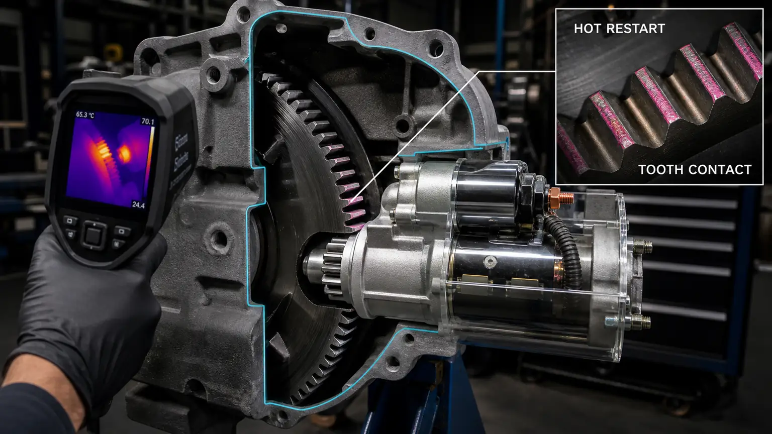 Starter pinion-to-ring-gear contact inspection with thermal evidence after repeated hot cranking