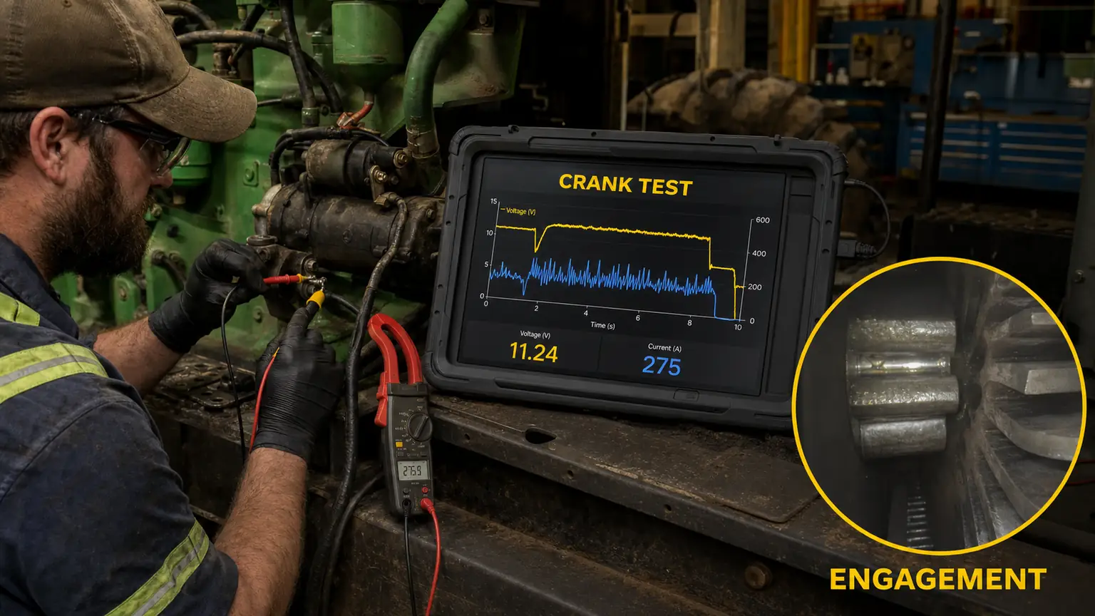 Controlled starter cranking test with electrical traces and pinion-to-ring-gear engagement inspection