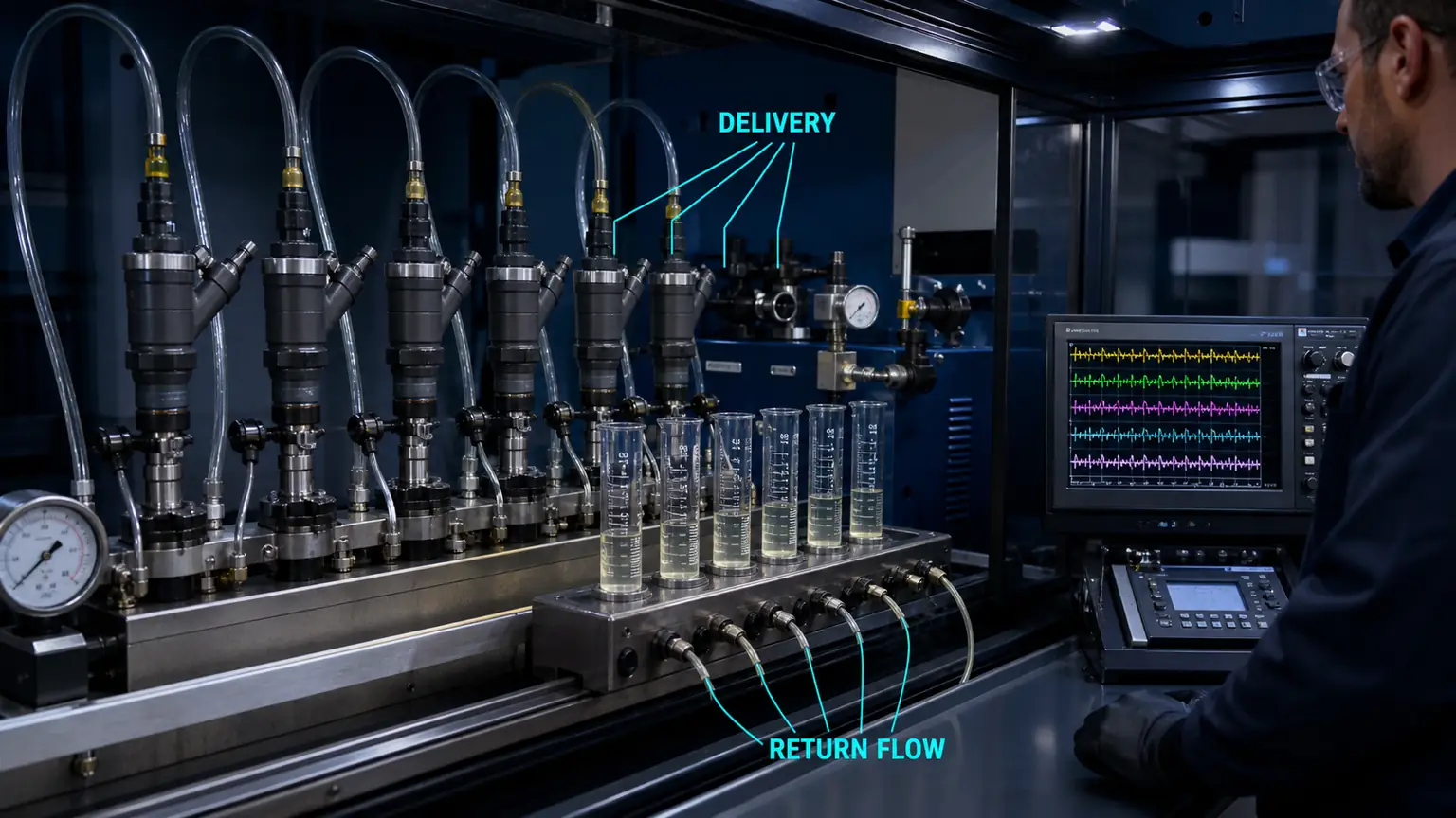 Matched diesel injectors on a calibrated delivery and return-flow test bench