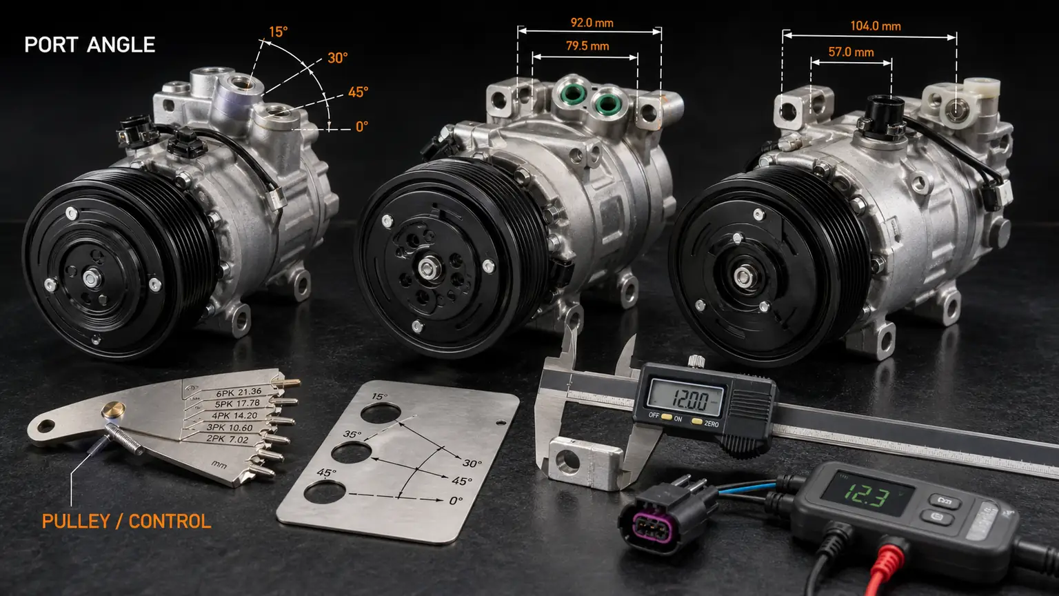 Heavy-duty A/C compressor port angle, pulley, mounting, and control-interface metrology