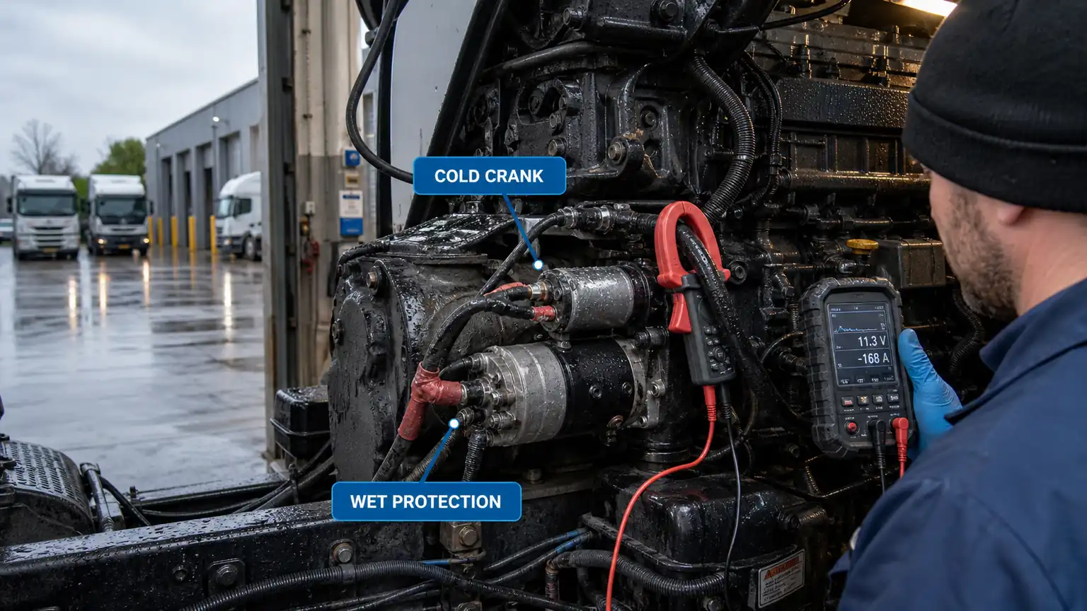 Heavy-duty starter cold and wet cranking test in a United Kingdom fleet depot