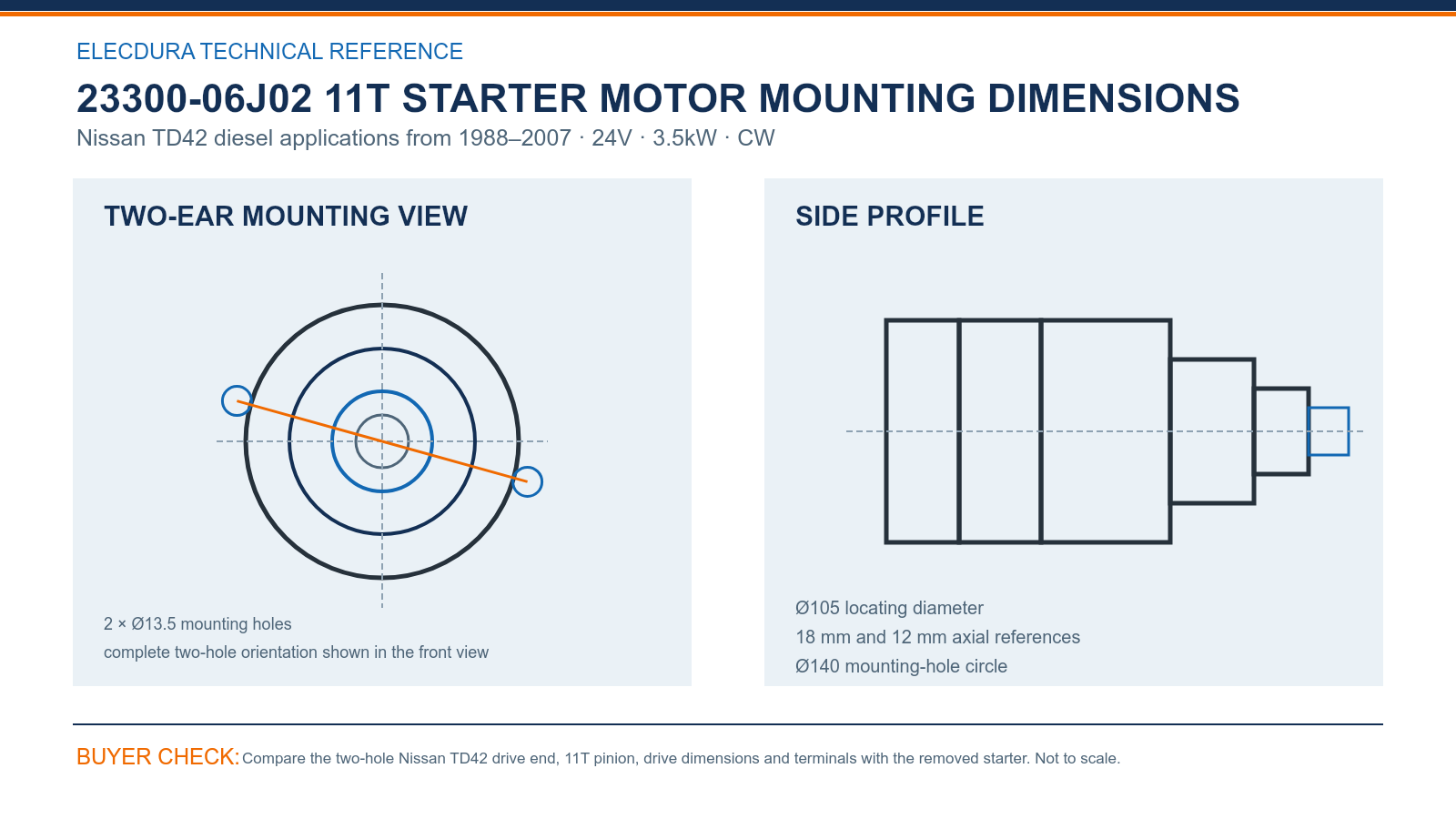 23300-06J02 Nissan TD42 24V 3.5kW 11T starter mounting dimensions