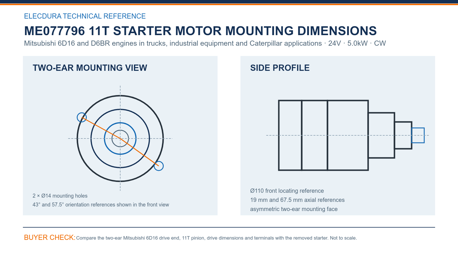 ME077796 Mitsubishi 6D16 24V 5.0kW 11T starter monteringsdimensioner