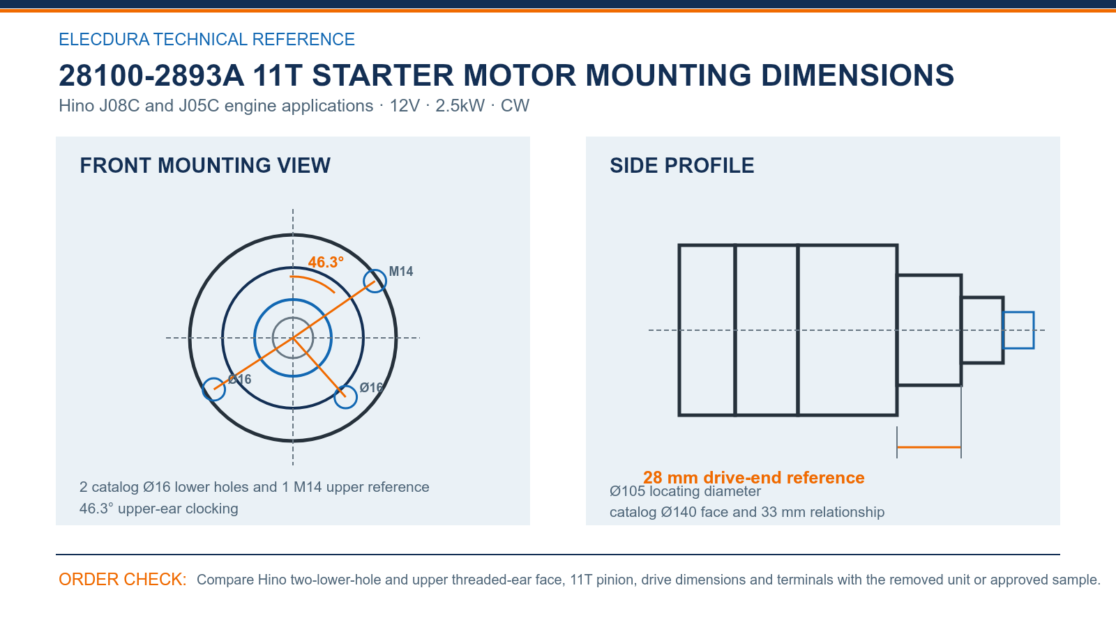 28100-2893A 11T starter motor mounting dimensions for Hino J08C and J05C engine applications