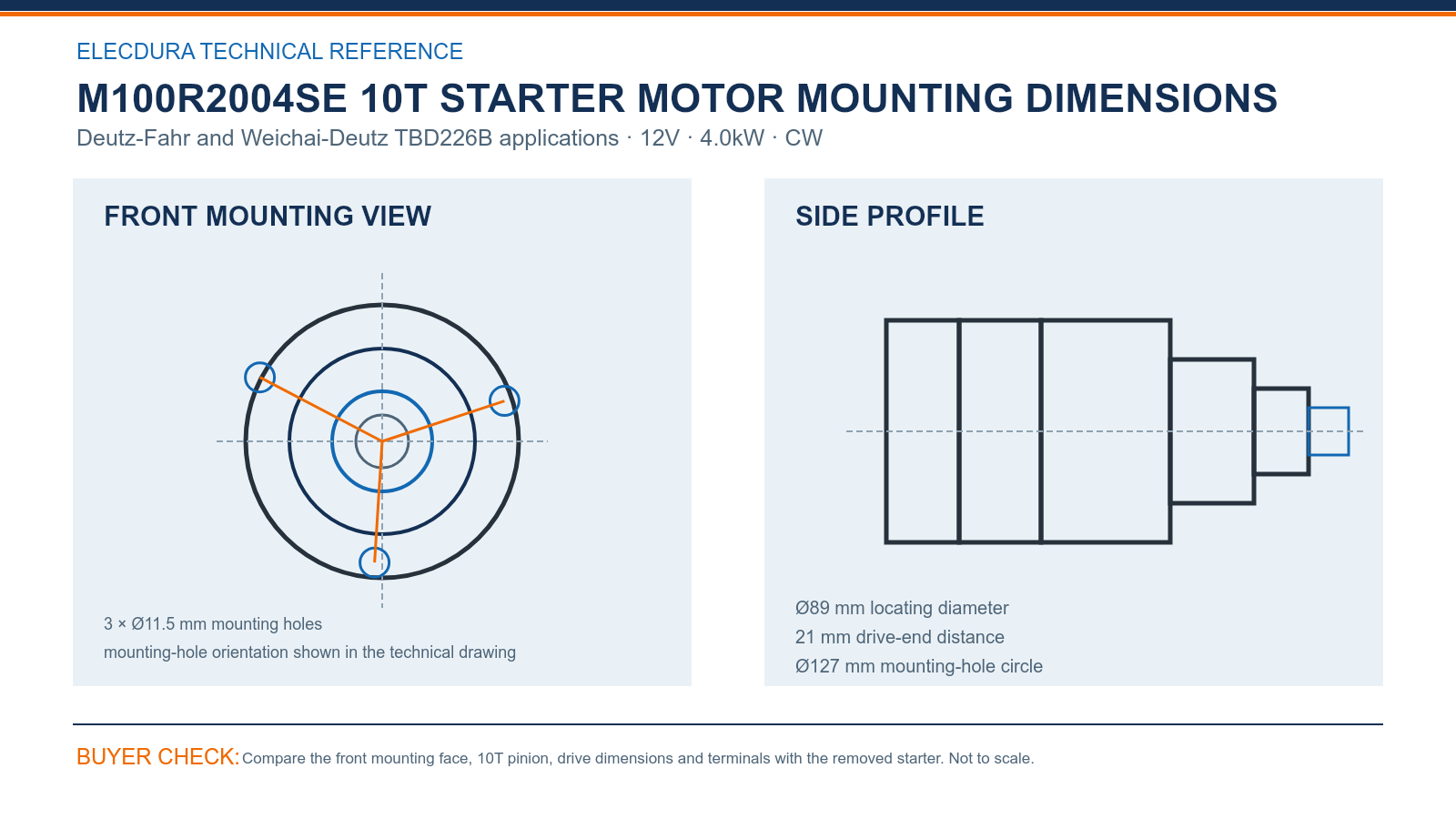 M100R2004SE Deutz-Fahr and Weichai-Deutz TBD226B 12V 4.0kW 10T starter mounting dimensions