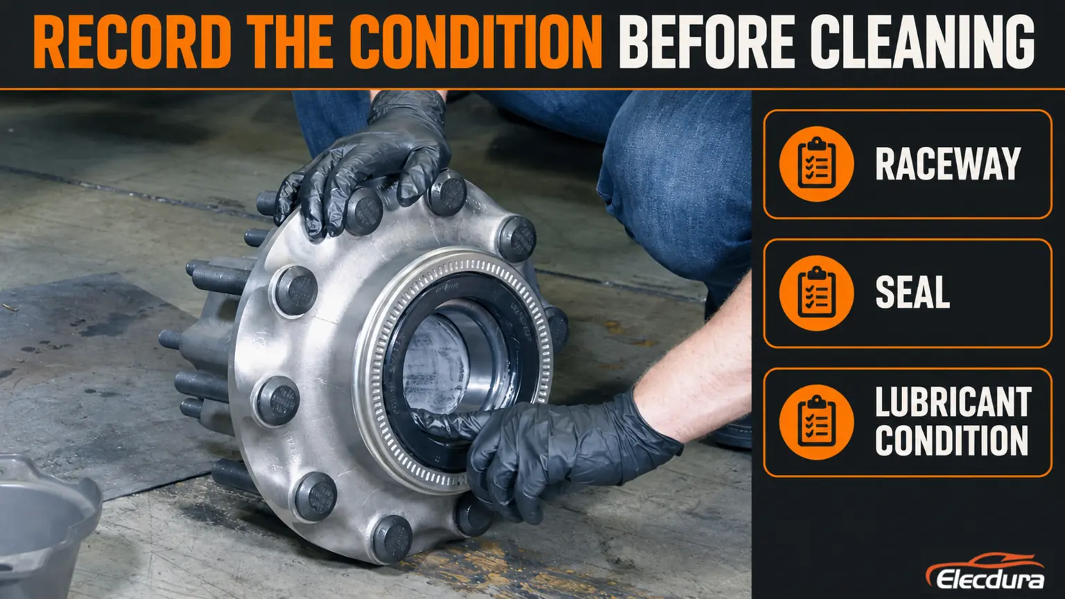 Hub-service reference beside raceway, seal and lubricant-condition recording topics.