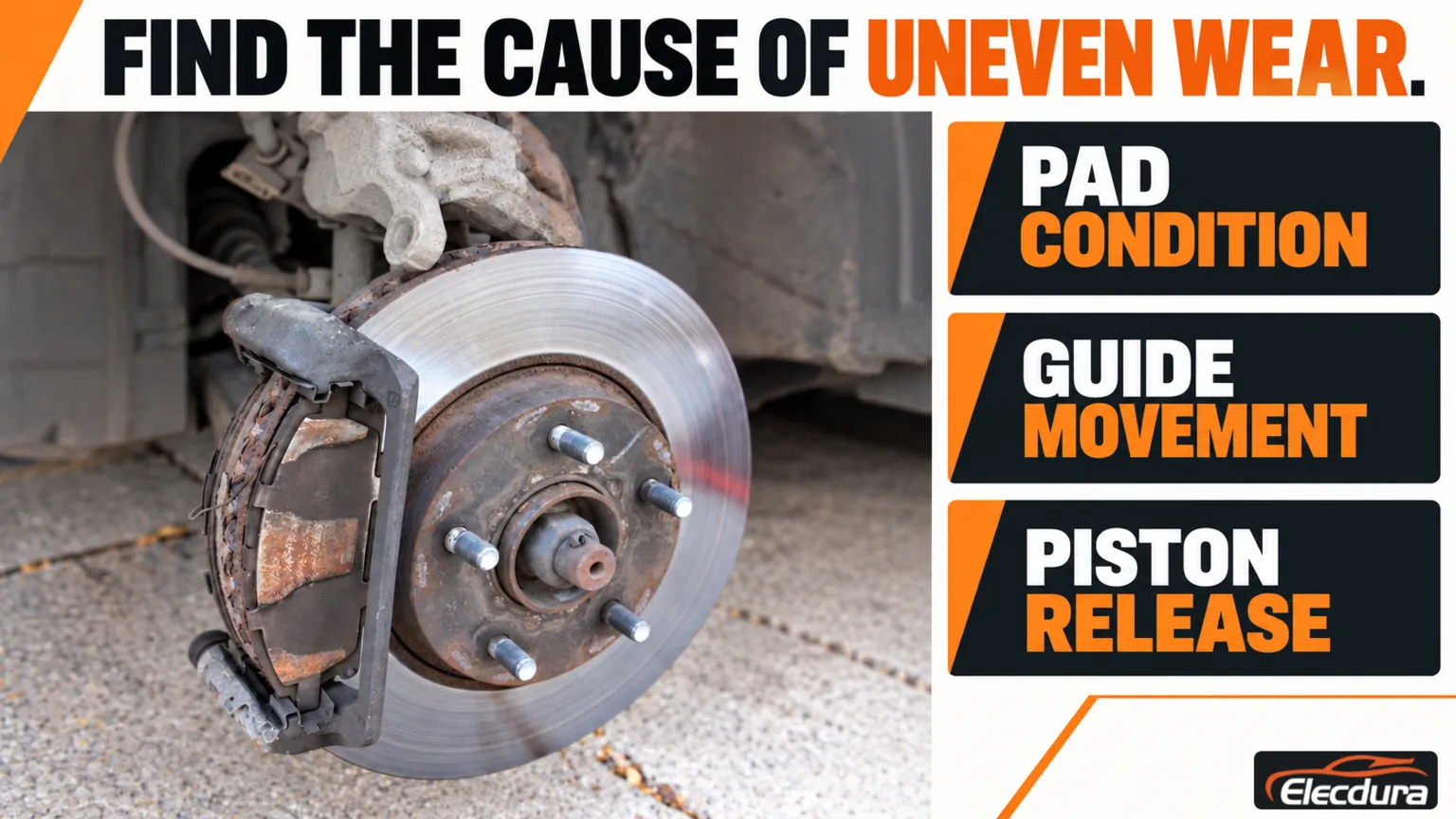 Floating-caliper service reference beside pad-condition, guide-movement and piston-release inspection topics.