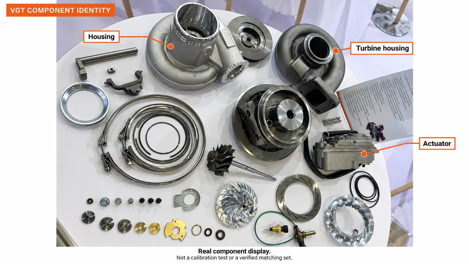 Annotated turbocharger component-display photograph showing housing and actuator identification areas