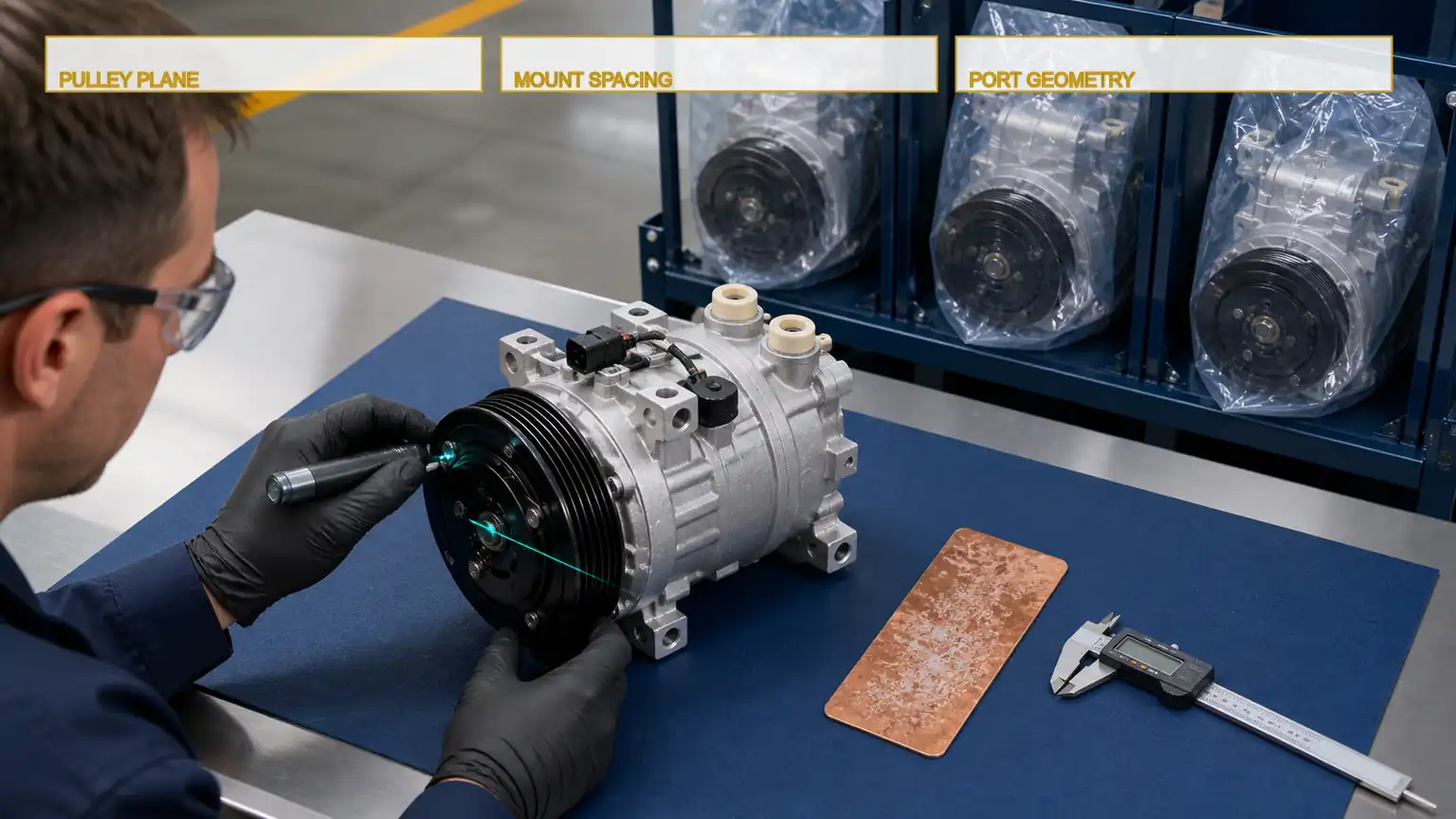 Incoming inspection of a heavy-duty A/C compressor pulley alignment, mounting spacing, corrosion protection, ports, and electrical connector in Poland.