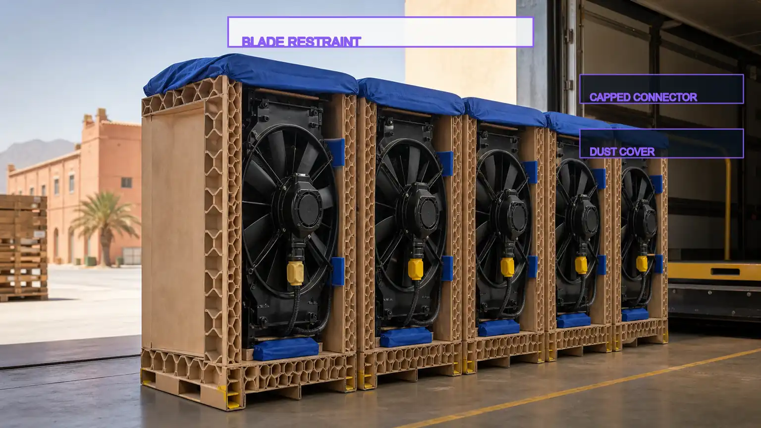 Heavy-duty radiator fan modules stored upright with blade restraints, capped connectors, and dust covers for Moroccan service distribution.